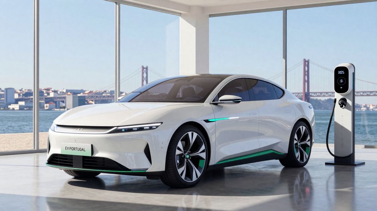 Carro elétrico branco estacionado numa garagem com carregador junto a uma janela com vista para uma ponte suspensa.