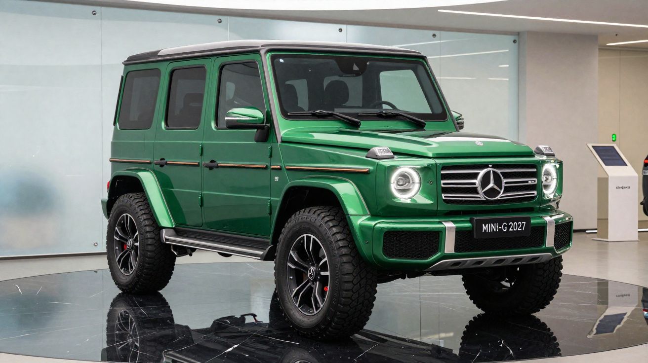 Veículo SUV Mercedes-Benz G verde exposto em showroom moderno com piso refletor e iluminação interior.