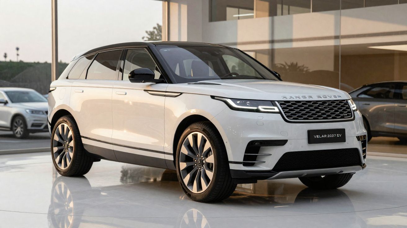 Automóvel Range Rover Velar 2027 EV branco estacionado em espaço interior moderno com janelas grandes.