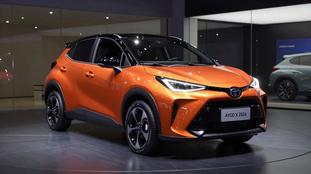 Carro Toyota Aygo X 2026 cor laranja com tejadilho preto em exposição interior.
