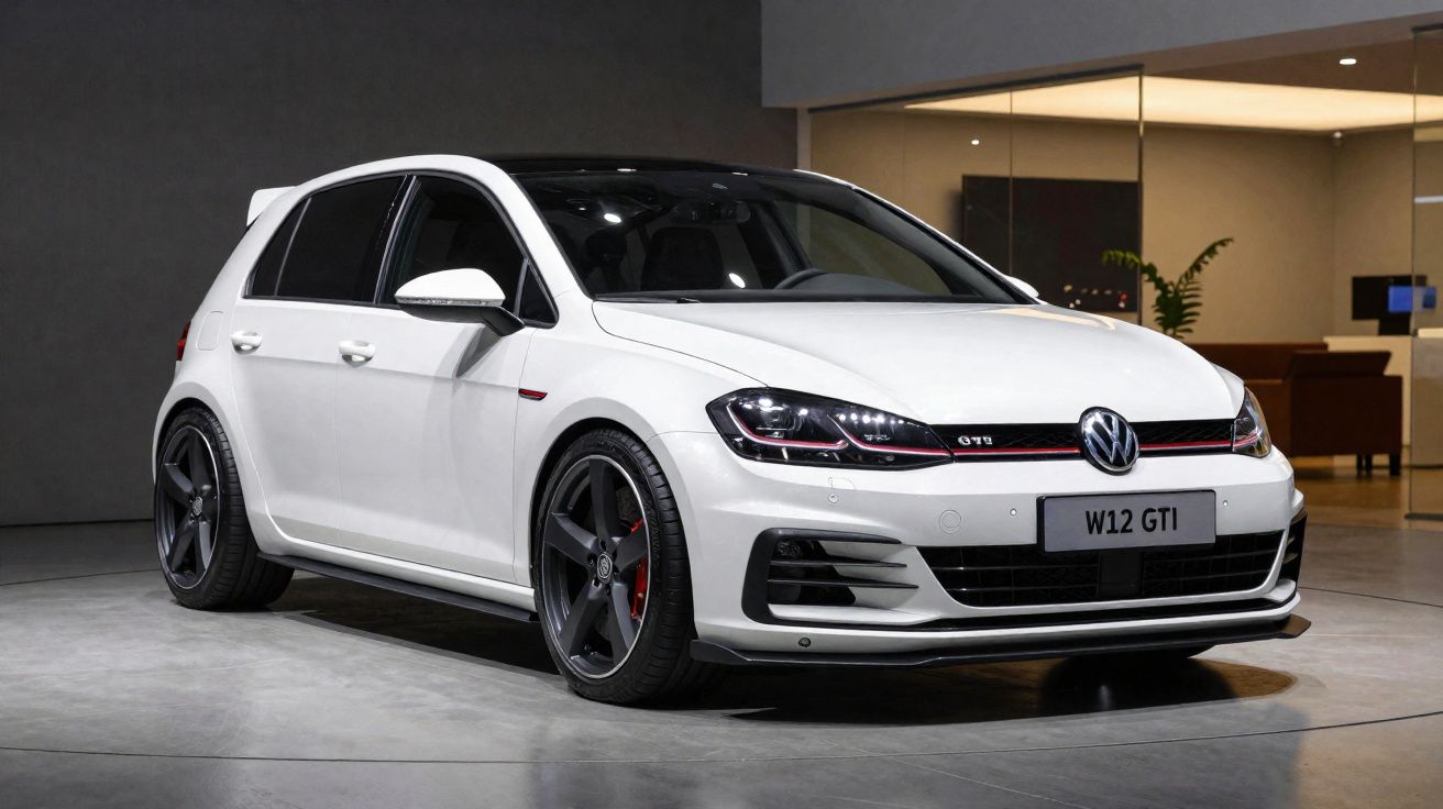 Carro desportivo Volkswagen Golf GTI branco estacionado em interior moderno com jantes pretas.