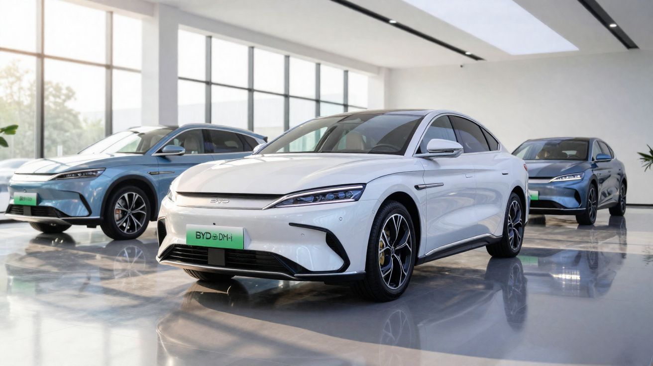 Três carros elétricos modernos BYD expostos numa sala espaçosa com janelas grandes e iluminação natural.