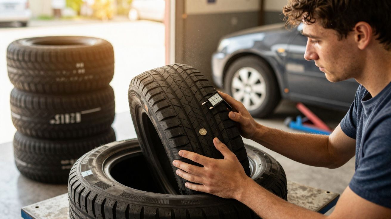 Homem a inspecionar um pneu novo numa oficina com pneus empilhados ao fundo.