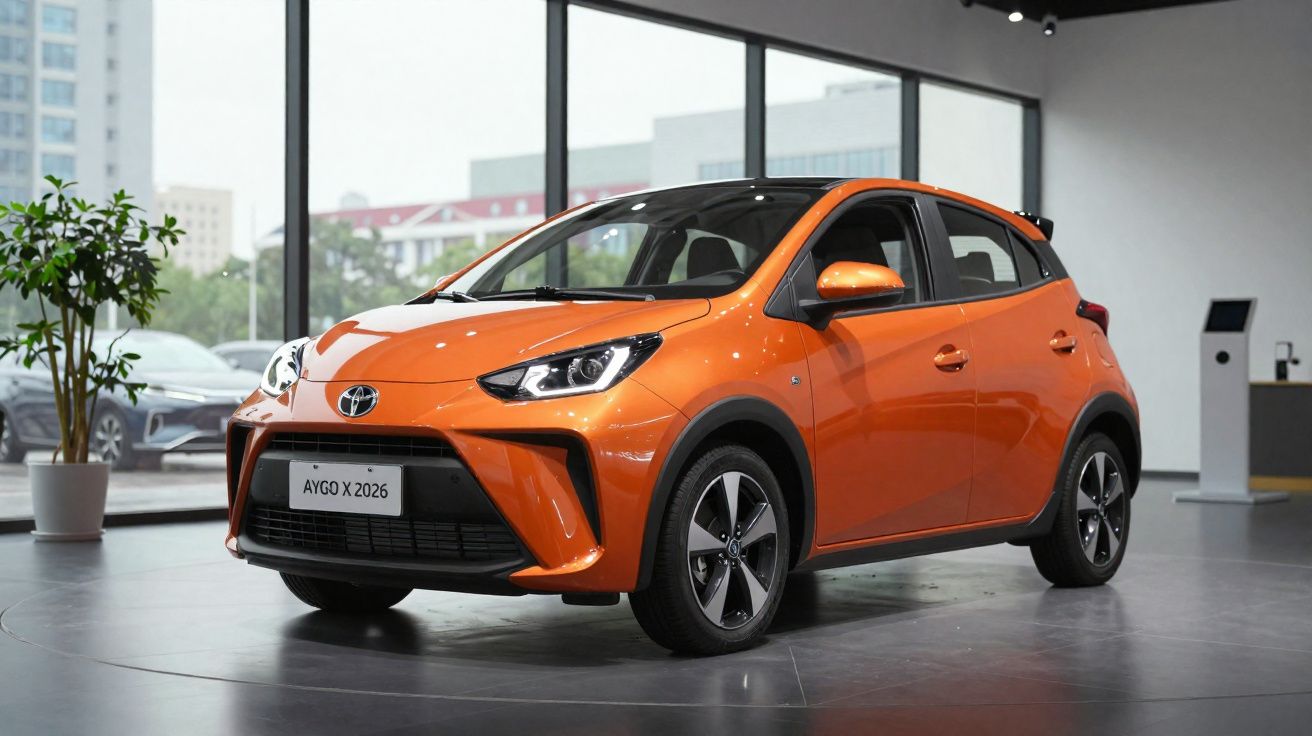 Automóvel Toyota Aygo X 2026 laranja exibido numa sala de exposição moderna com grandes janelas.