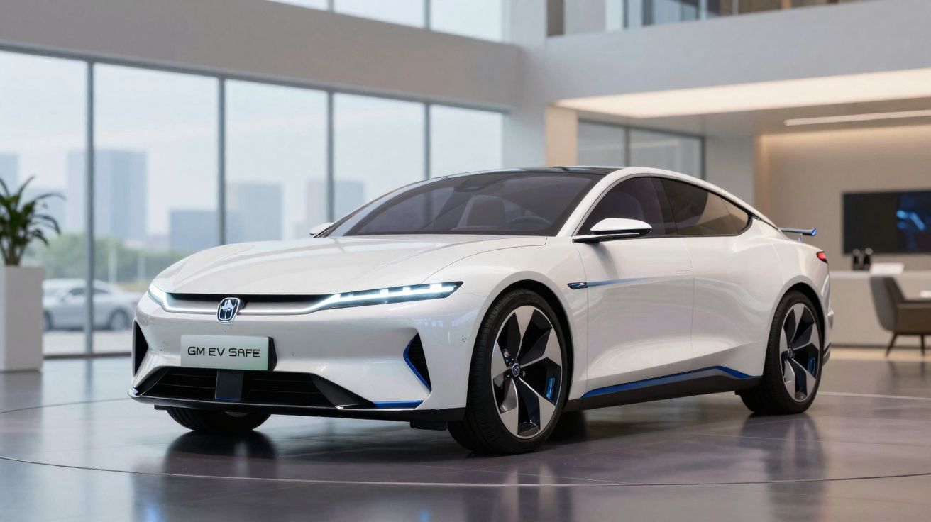 Carro elétrico branco com design moderno estacionado num showroom com grandes janelas e ambiente iluminado.