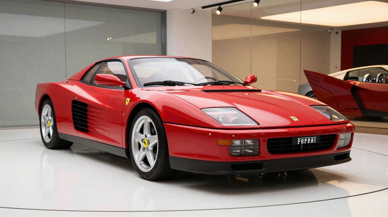 Automóvel desportivo Ferrari vermelho estacionado em chão branco e parede espelhada no interior.