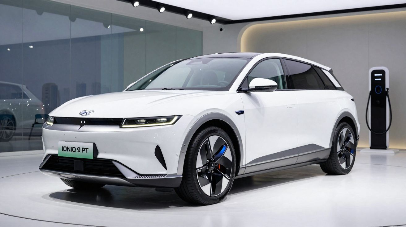 Carro elétrico branco Ioniq 9 com design moderno, estacionado junto a posto de carregamento.
