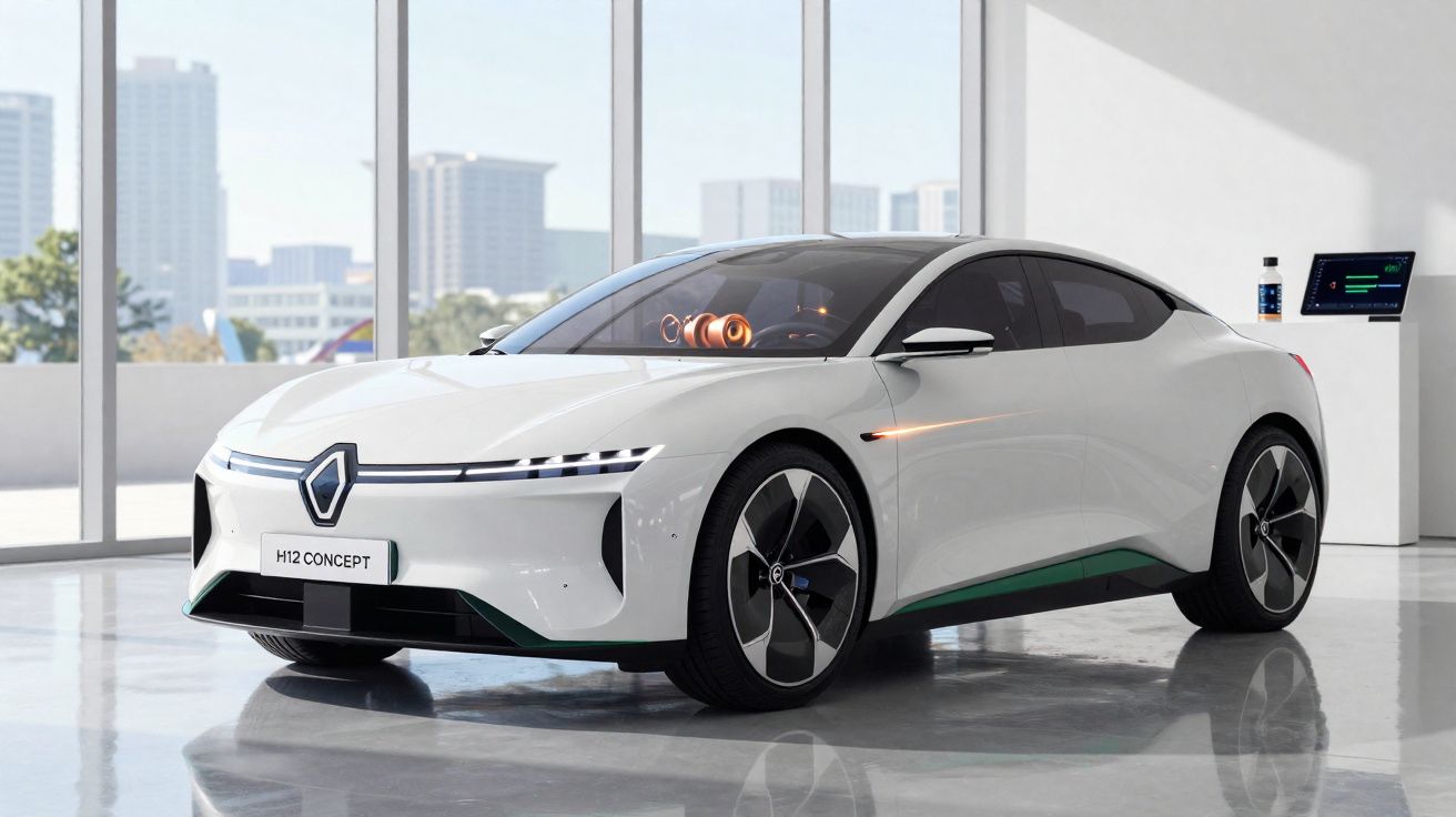 Carro conceito elétrico branco Renault H12 numa exposição em ambiente moderno com janelas grandes.