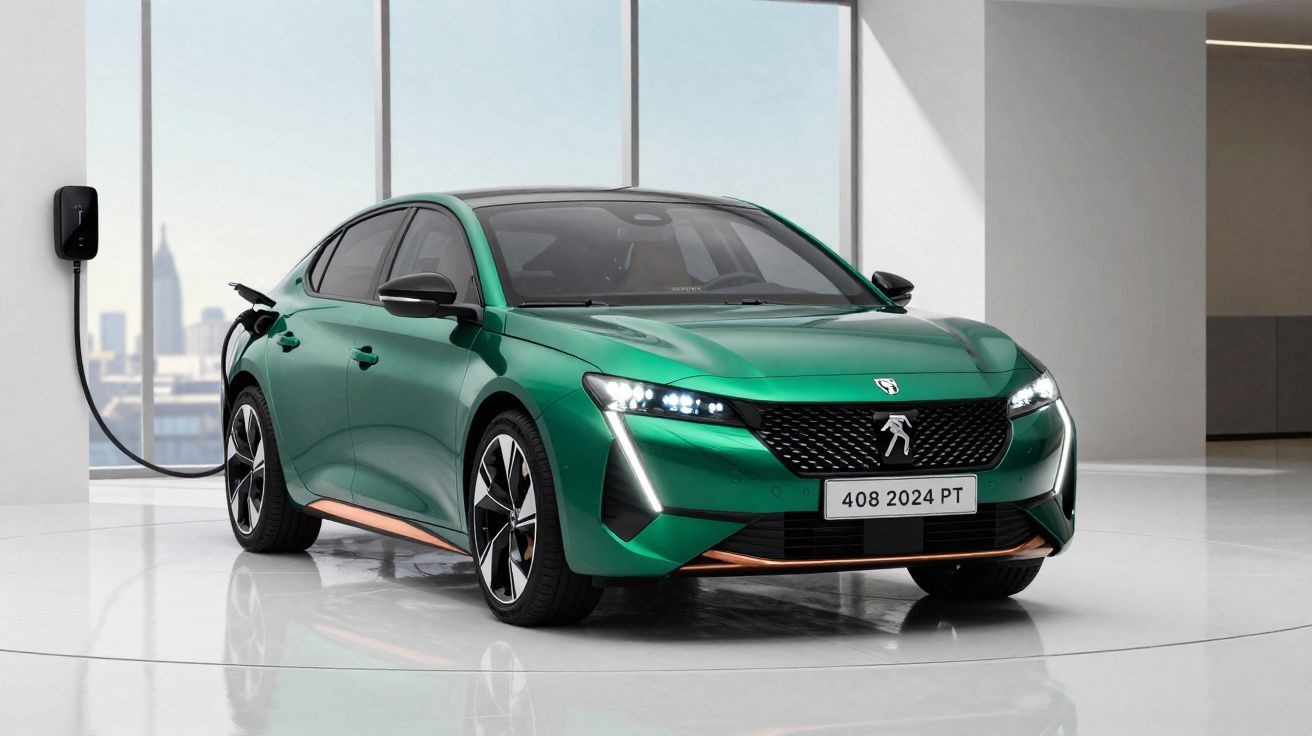 Carro elétrico verde Peugeot 408 2024 a carregar numa estação dentro de um espaço moderno e minimalista.