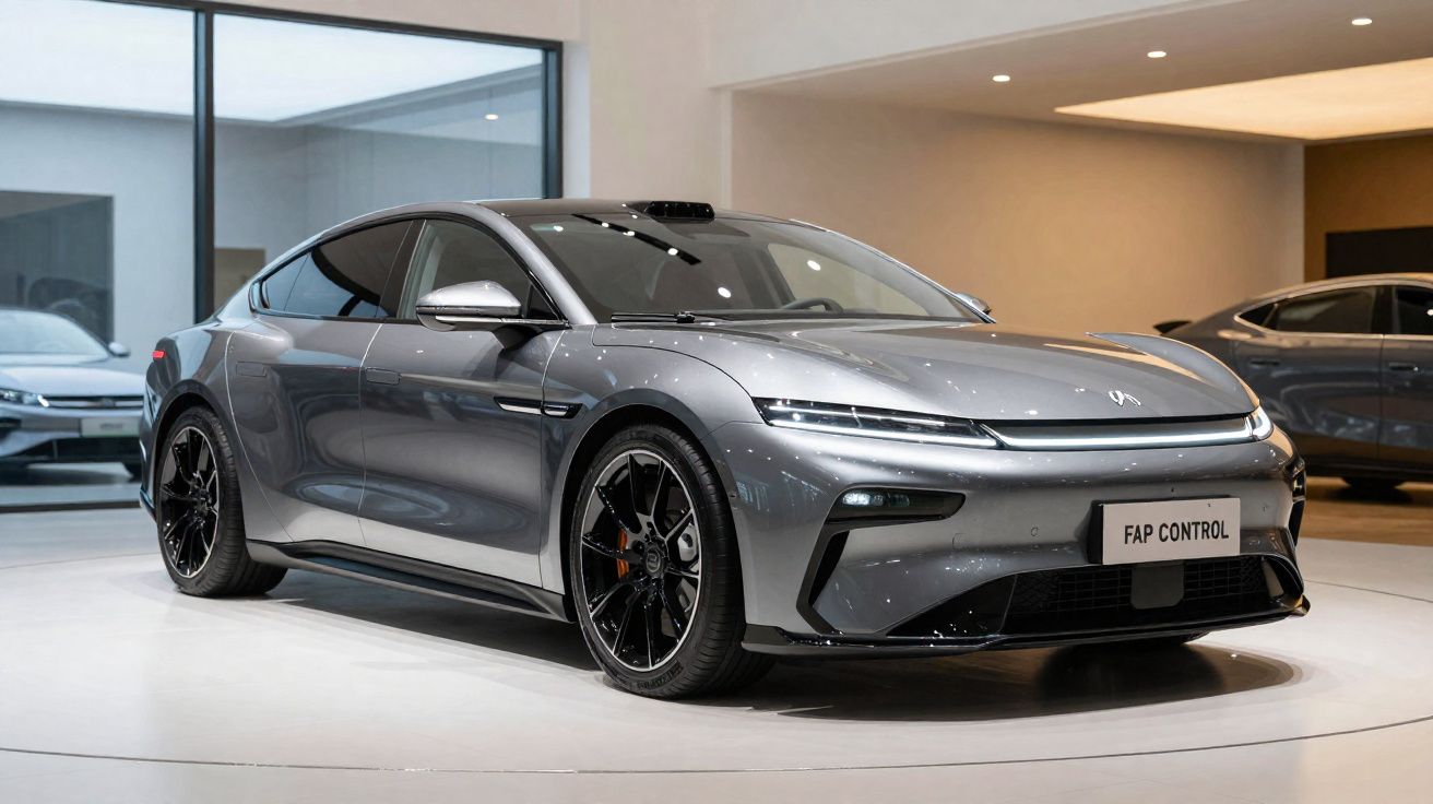 Carro desportivo elétrico cinzento com linhas aerodinâmicas exibido numa sala de exposição moderna.