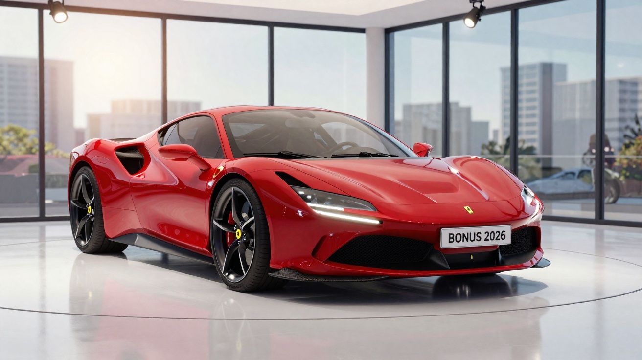 Carro desportivo vermelho Ferrari estacionado em interior moderno com grandes janelas panorâmicas.