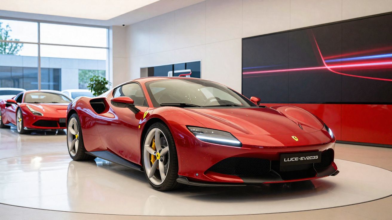 Carro desportivo vermelho Ferrari Luce EV2033 exposto num salão moderno com outro carro ao fundo.