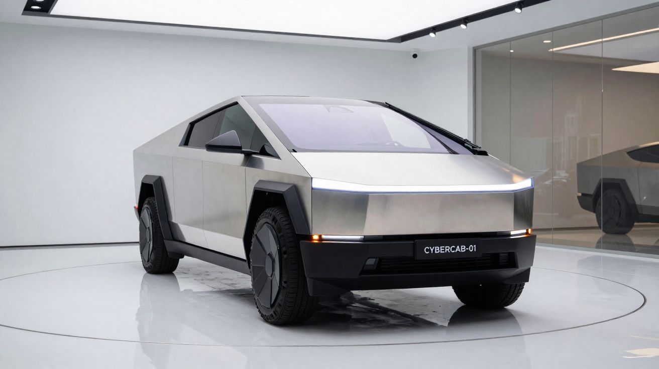 Carro elétrico futurista Tesla Cybertruck prateado em exposição num espaço moderno com chão branco.