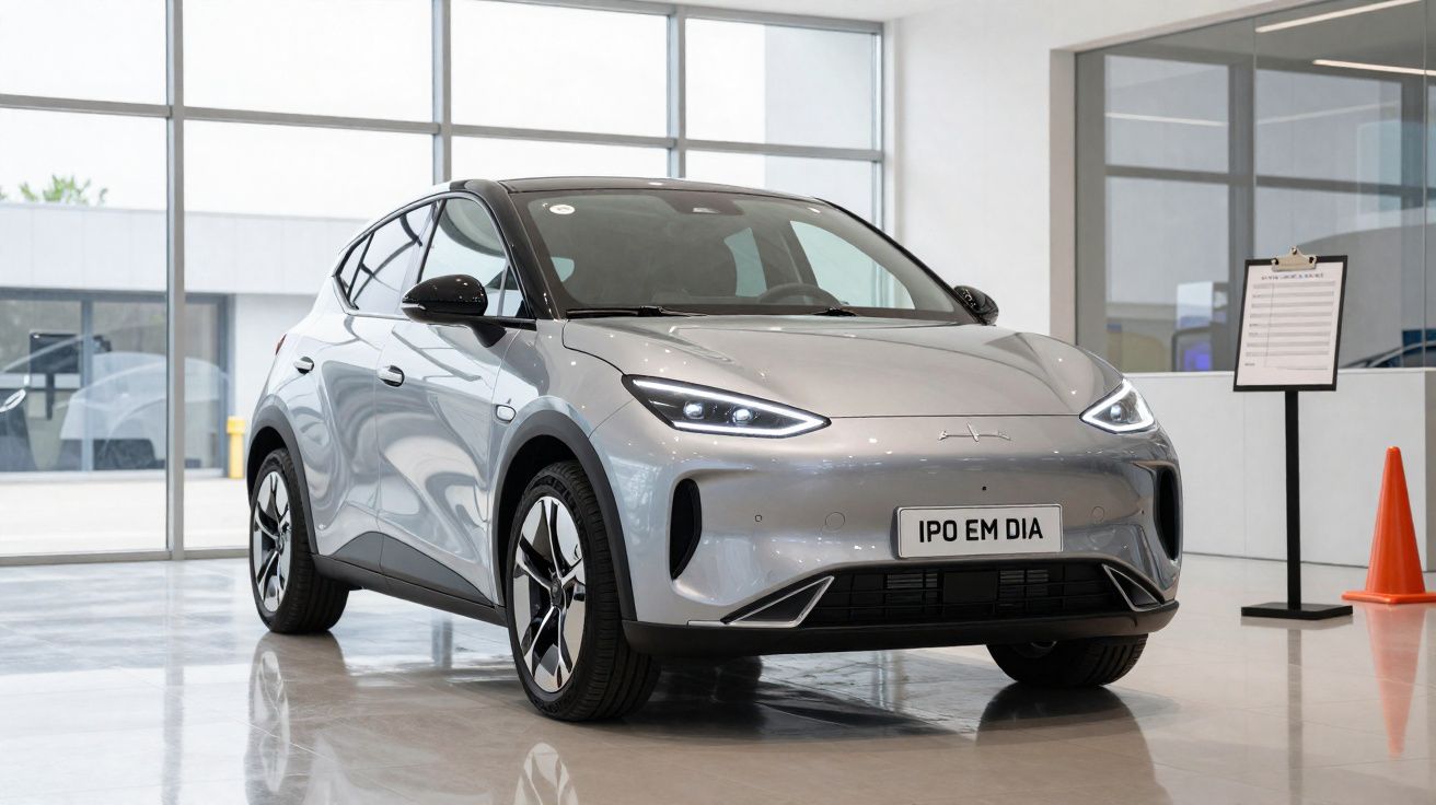 Carro elétrico moderno cinza estacionado num showroom com luz natural e piso refletor.