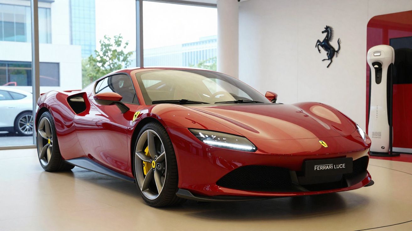Carro desportivo Ferrari vermelho estacionado em showroom moderno com logótipo Ferrari na parede.