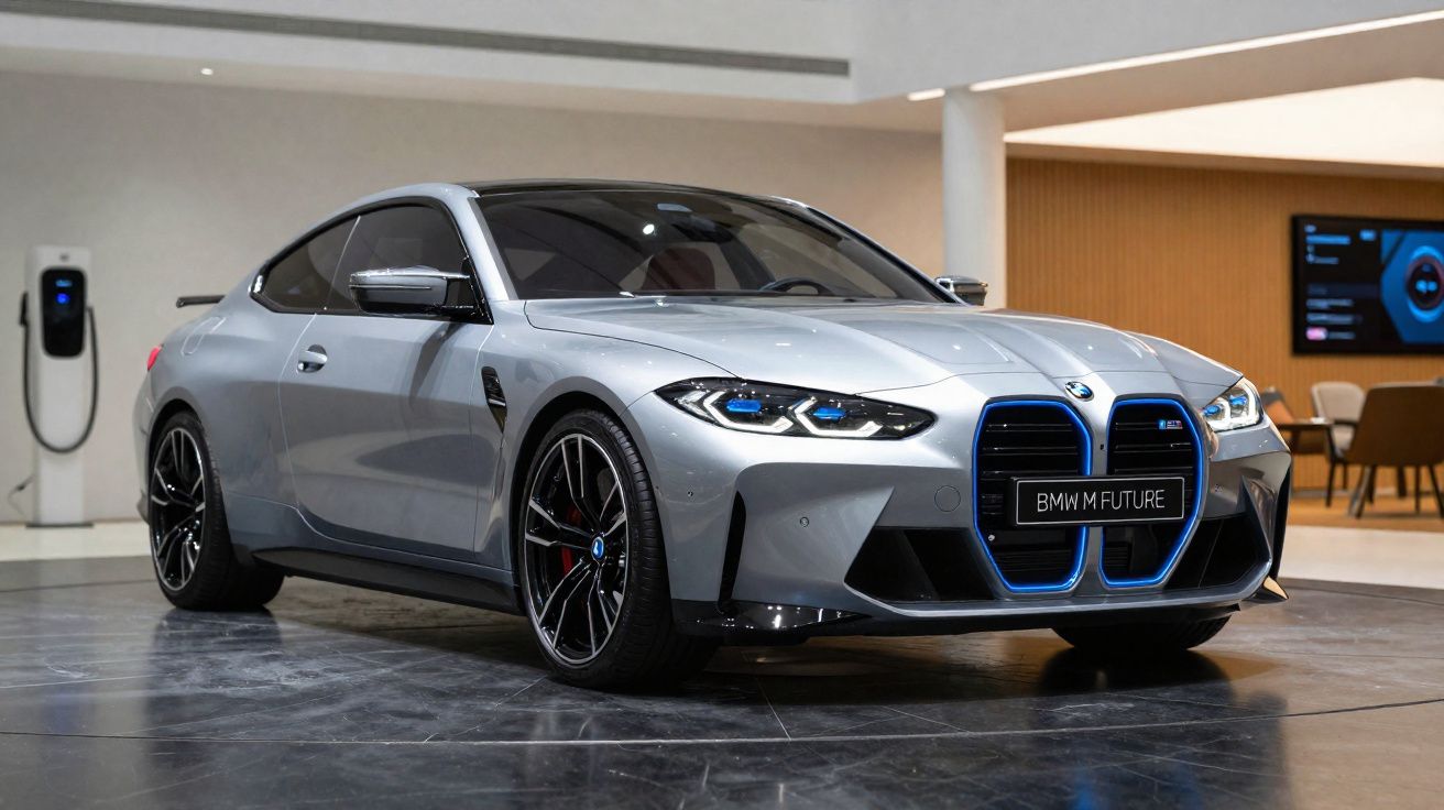 Automóvel BMW M1000 elétrico prateado em exposição interior com carregador elétrico ao fundo.