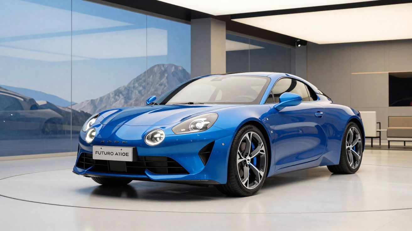 Carro desportivo azul futurista Alpine A110E exibido em showroom moderno com grandes janelas panorâmicas.