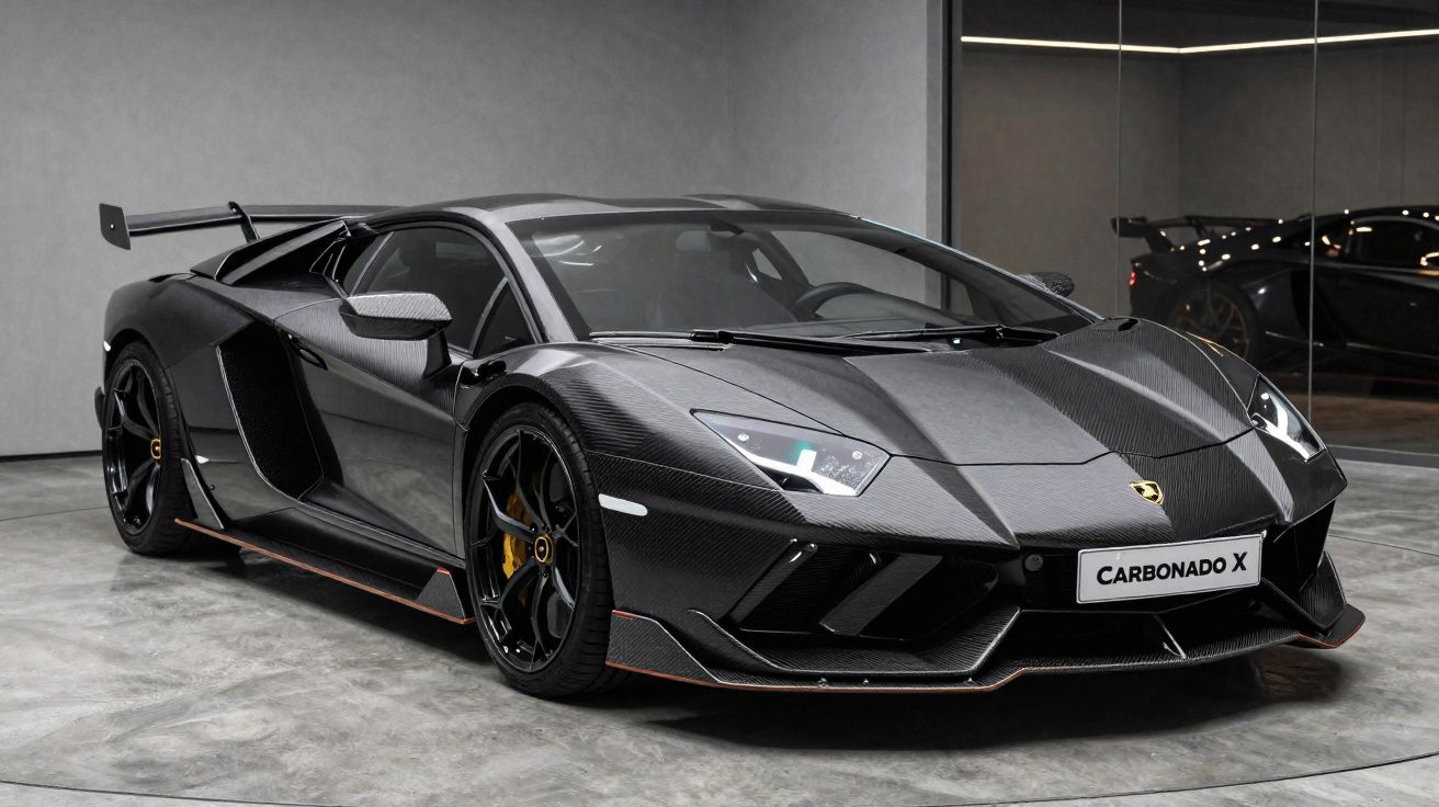 Automóvel desportivo preto Lamborghini Carbonado X estacionado em garagem com chão cinzento.