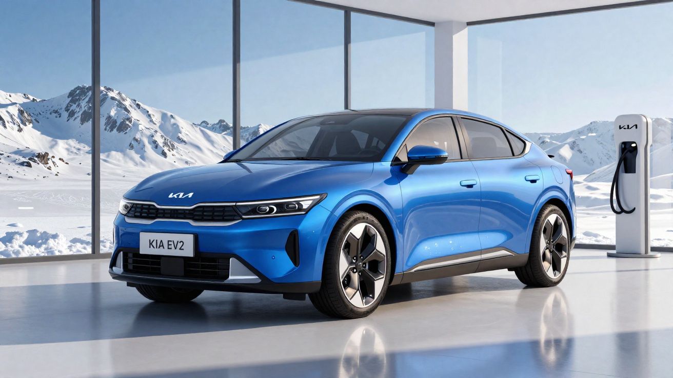 Carro elétrico Kia EV2 azul estacionado em garagem luminosa com grandes janelas e paisagem montanhosa nevada.