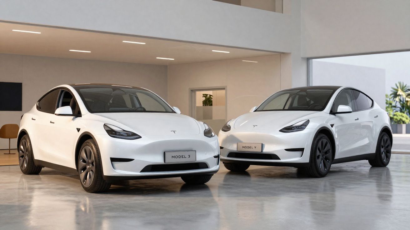 Dois carros elétricos Tesla brancos, modelos Model 3 e Model Y, estacionados num showroom moderno e luminoso.