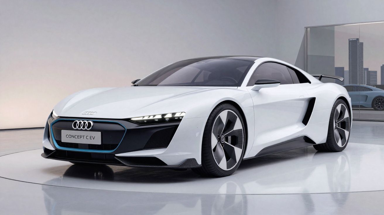 Carro desportivo elétrico Audi Concept C EV branco, com design futurista e luzes LED finas.