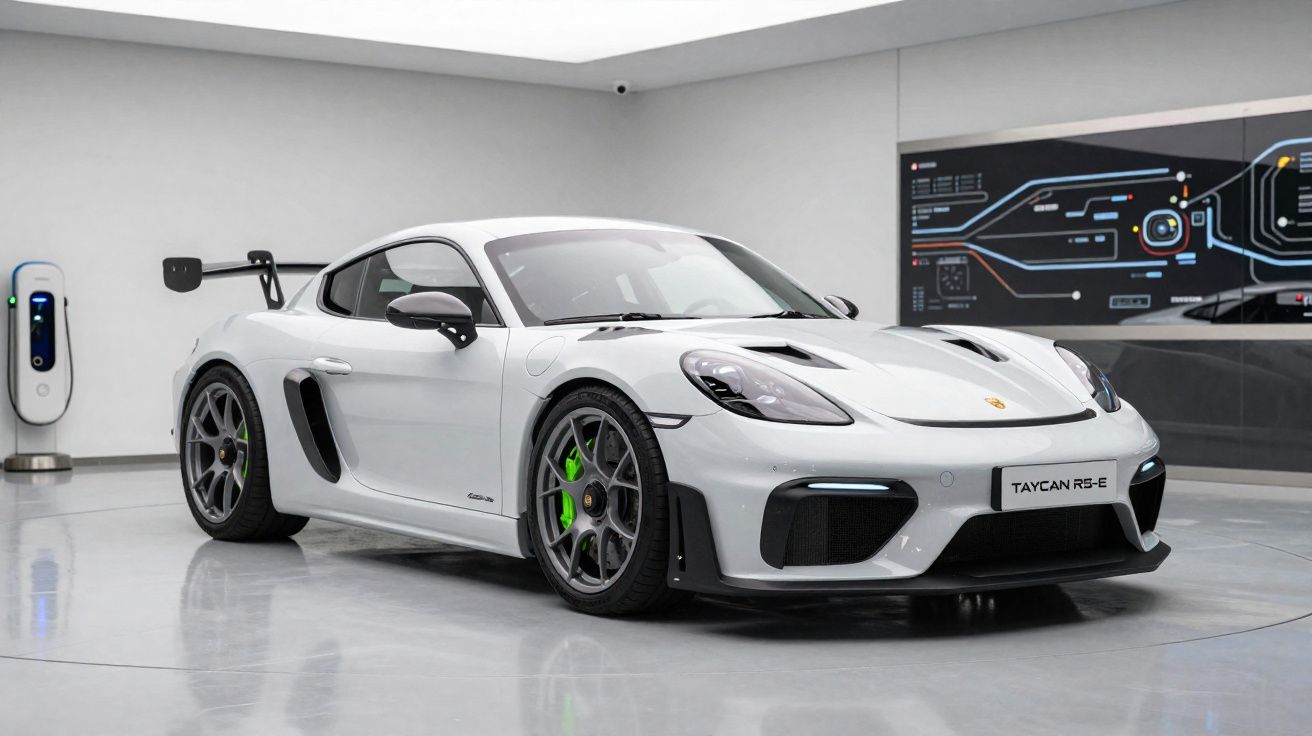 Carro desportivo elétrico branco Porsche Taycan RS-E estacionado em garagem moderna com parede de gráficos.