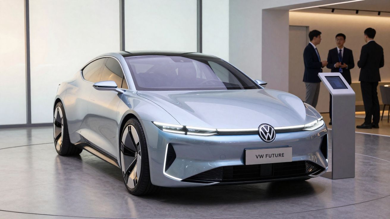 Carro elétrico Volkswagen futurista prateado exposto em sala moderna com pessoas ao fundo.