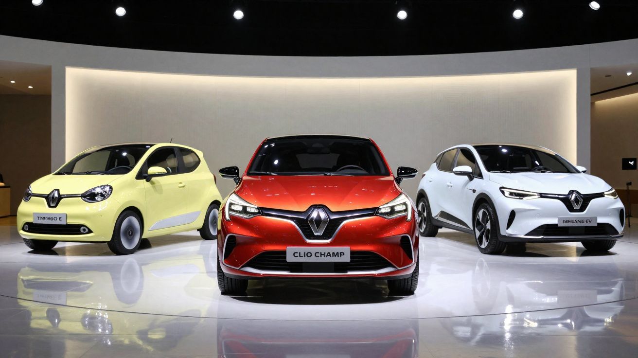 Três carros Renault novos em destaque, com modelos Clio Champ vermelho, Twingo E amarelo e Mégane EV branco.