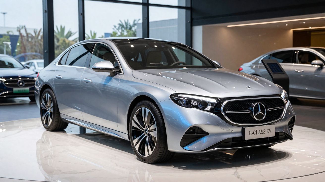 Carro eléctrico Mercedes-Benz E-Class EV prata exposto numa showroom moderna com vidros grandes.
