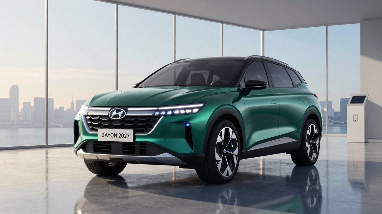 SUV Hyundai Bayon 2027 verde em showroom com grandes janelas e vista para a cidade ao fundo.