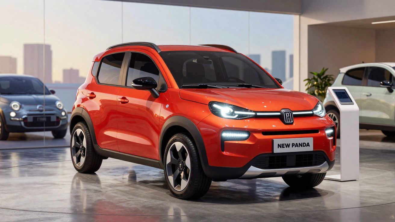 Carro compacto vermelho Novo Panda num salão de automóveis moderno com iluminação natural.