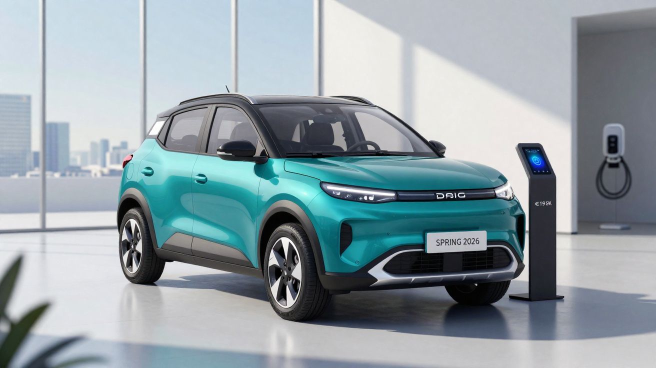 Carro elétrico modelo Daig Spring 2026, verde, junto a posto de carregamento em espaço moderno e iluminado.