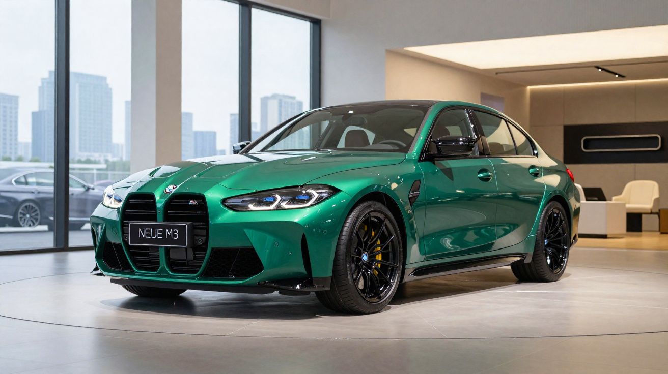 Carro desportivo verde BMW M3 novo exposto em showroom moderno com janelas grandes e cadeiras ao fundo.