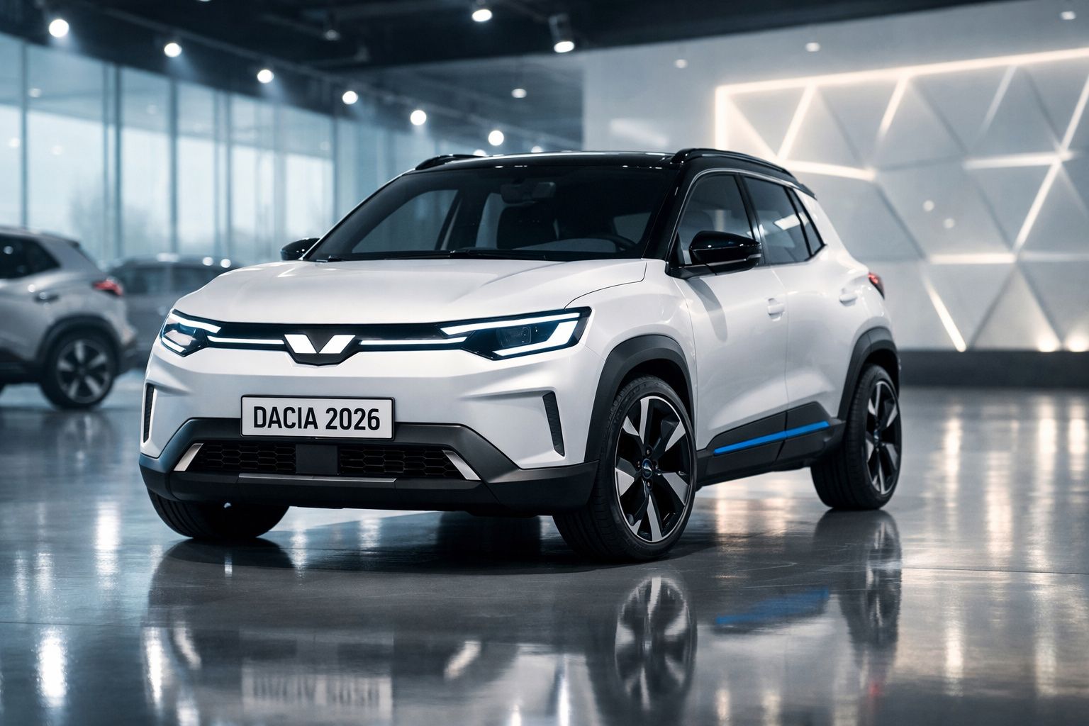 Carro elétrico Dacia 2026 branco com tejadilho preto estacionado em piso polido num ambiente moderno.
