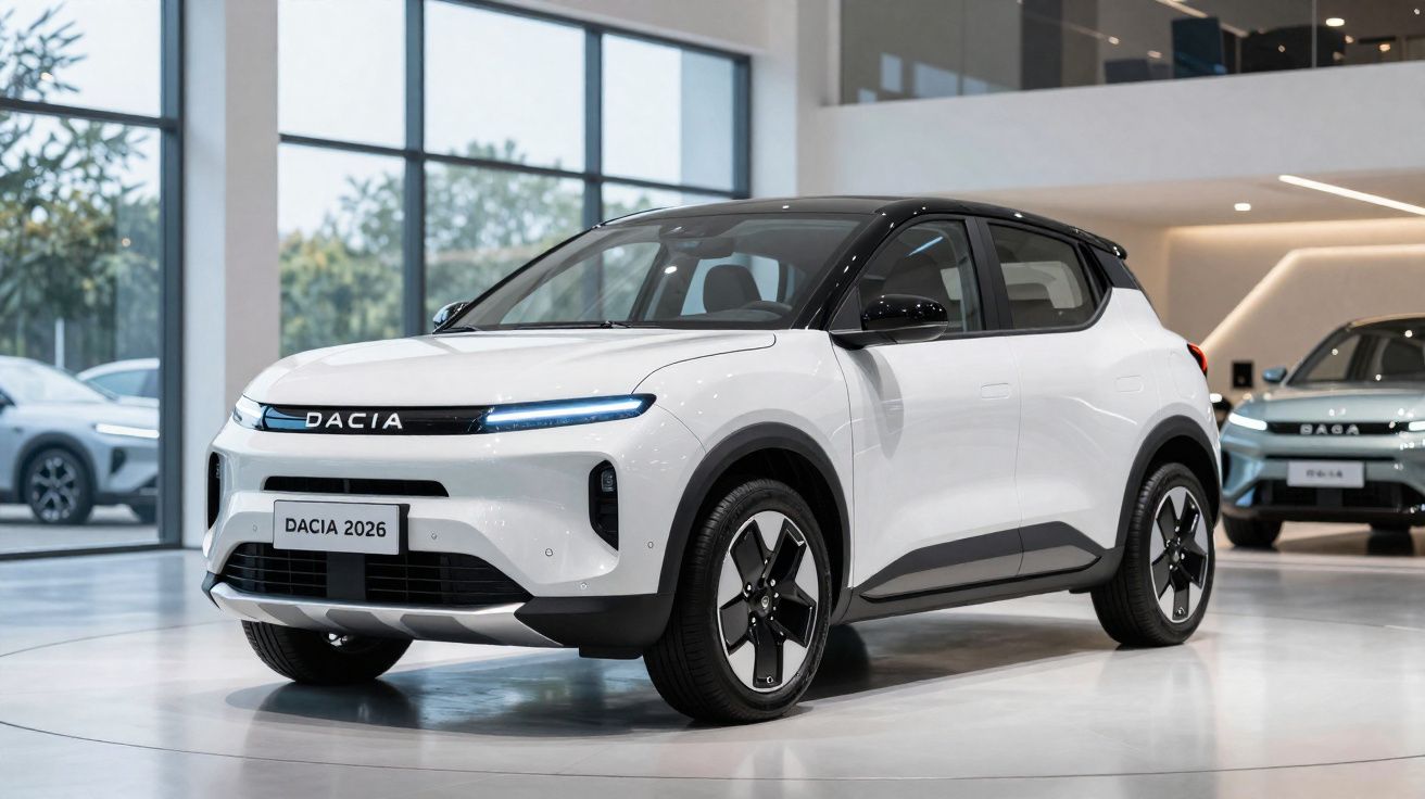 Automóvel Dacia 2026 branco com tejadilho preto exibido em showroom moderno e luminoso.