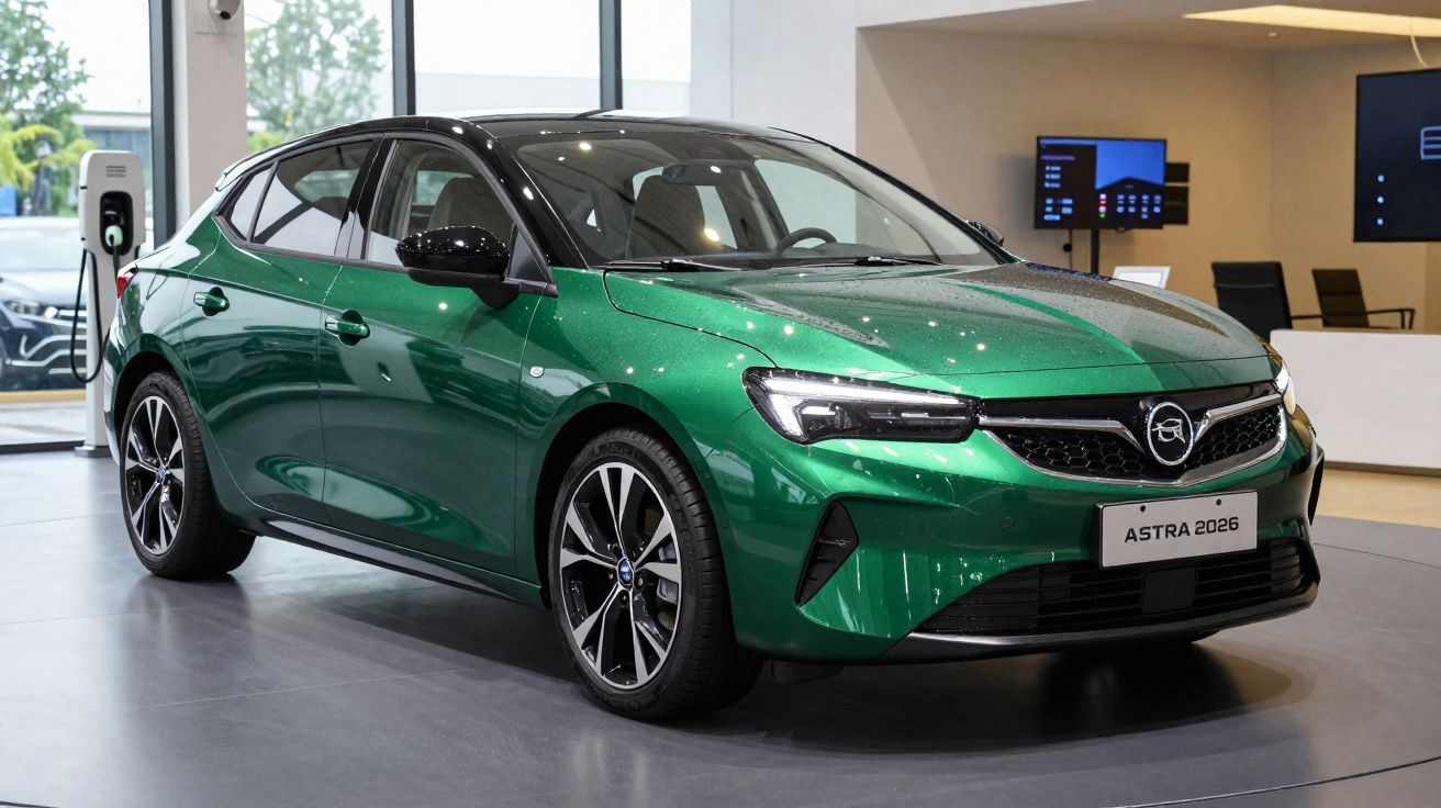 Carro elétrico Opel Astra 2026 verde exposto numa sala de showroom moderno com carregador elétrico ao fundo.
