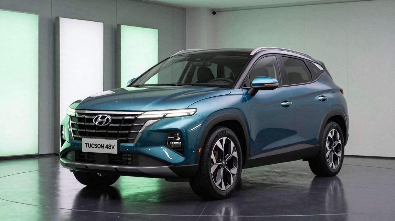 SUV Hyundai Tucson 48V azul em exposição numa sala moderna com iluminação branca.