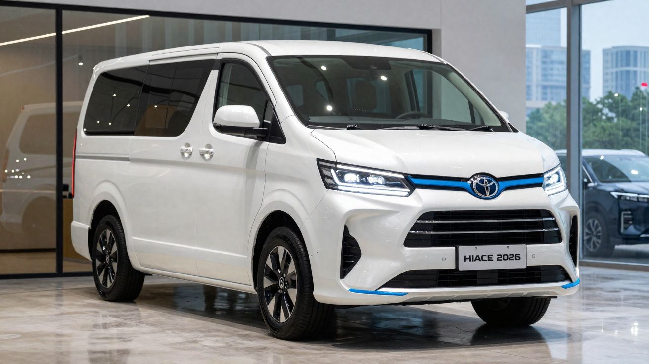 Carrinha Toyota Hiace 2026 branca estacionada num salão moderno com janelas grandes.