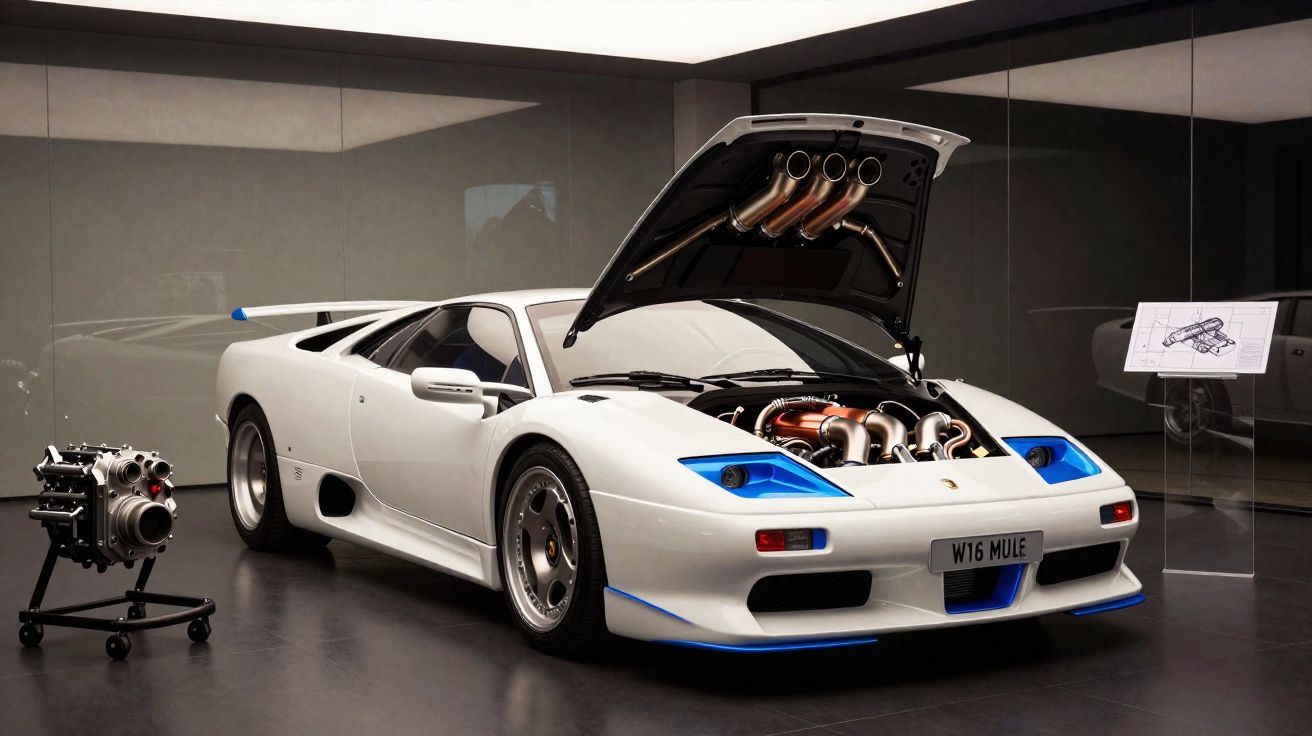 Automóvel desportivo branco com capot aberto a mostrar motor e componente do motor expostas em museu.