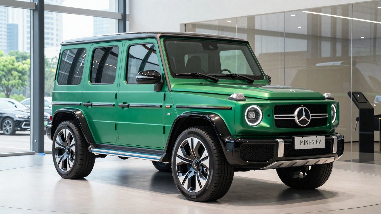 Veículo SUV Mercedes-Benz G-Class verde em exposição num interior moderno.