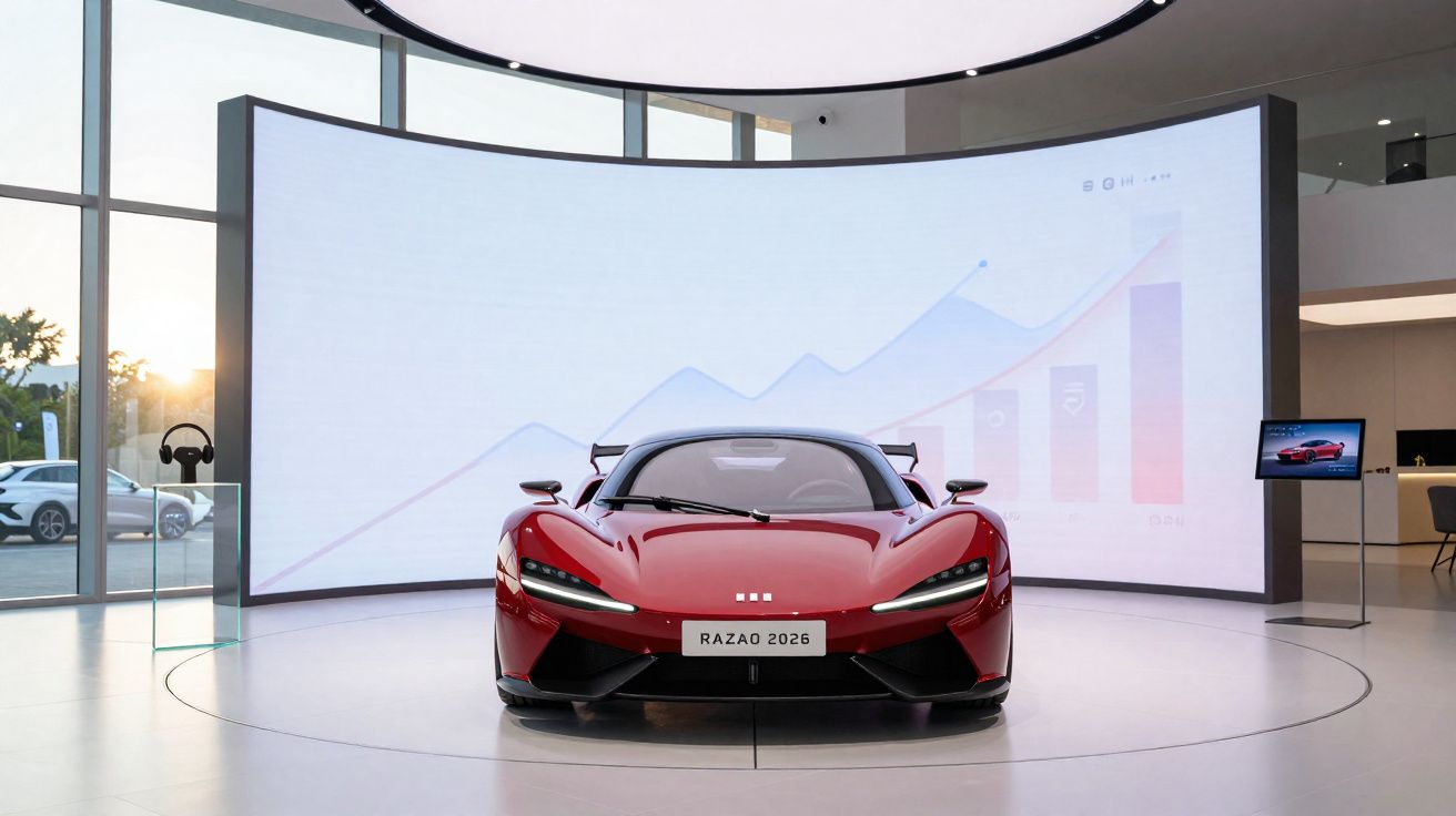 Carro desportivo vermelho exposição em sala moderna com ecrã curvo digital ao fundo e placa Razao 2026.