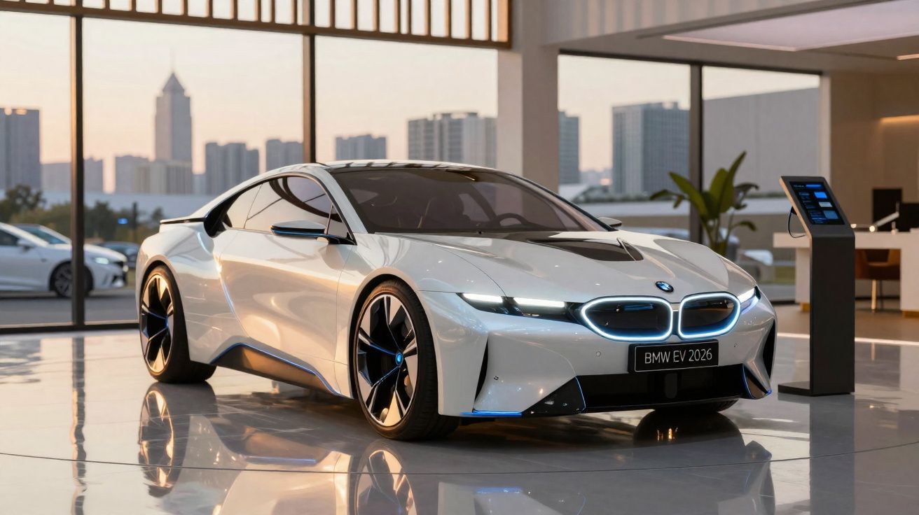 Carro elétrico BMW EV 2026 branco estacionado num showroom moderno com vista urbana ao fundo.