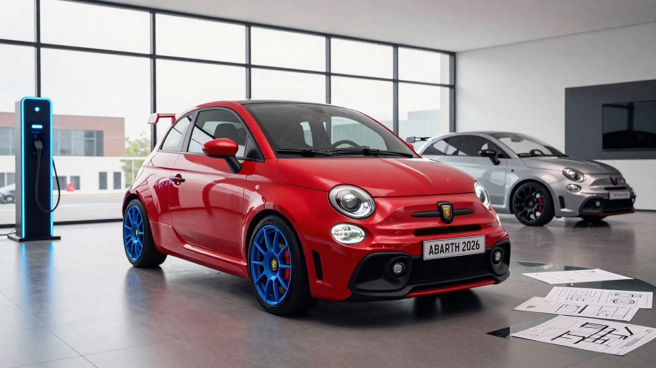Carro desportivo vermelho Abarth 2026 com jantes azuis numa garagem moderna com um carro cinzento ao fundo.