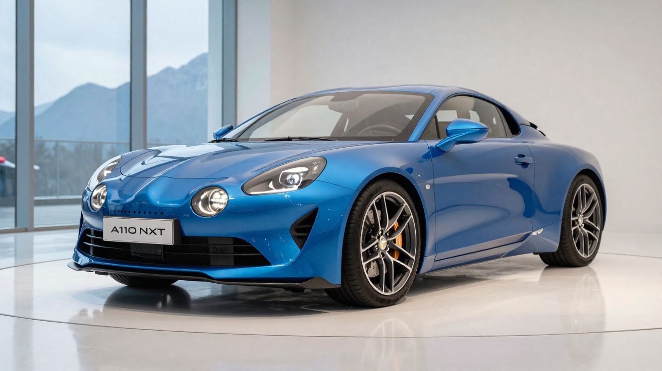 Carro desportivo azul Alpine A110 NXT estacionado em interior com janela e montanhas ao fundo.