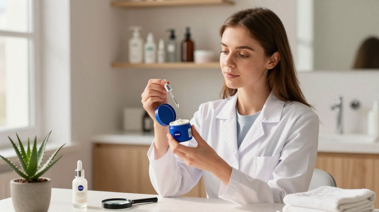 Profissional de saúde a usar conta-gotas para aplicar creme numa mão num ambiente clínico.