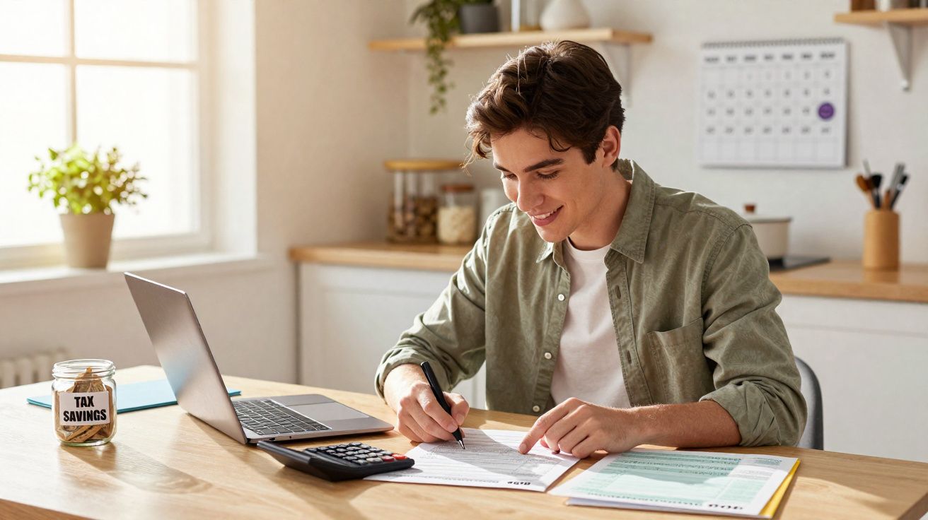 Jovem a preencher documentos fiscais numa mesa com portátil, calculadora e frasco de poupanças para impostos.