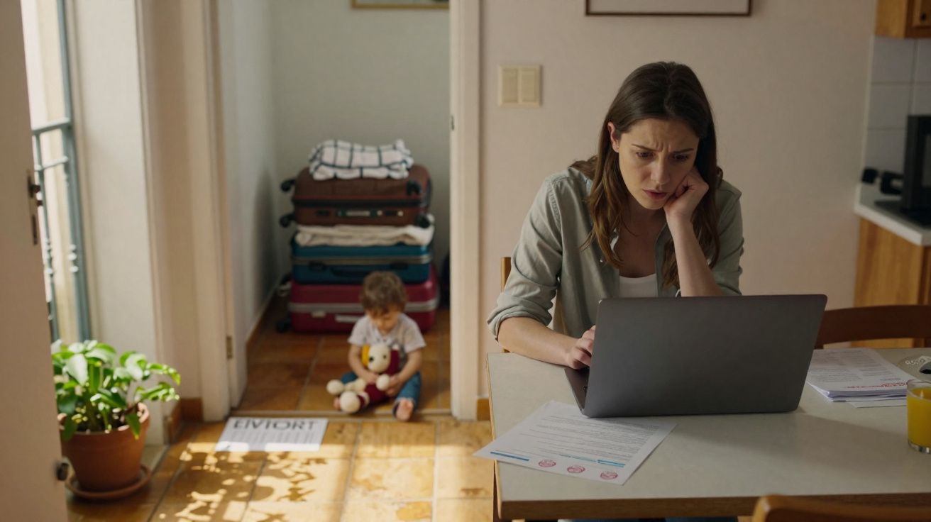 Mulher preocupada no computador com papeis de divórcio, criança sentada ao fundo com ursinho na sala.