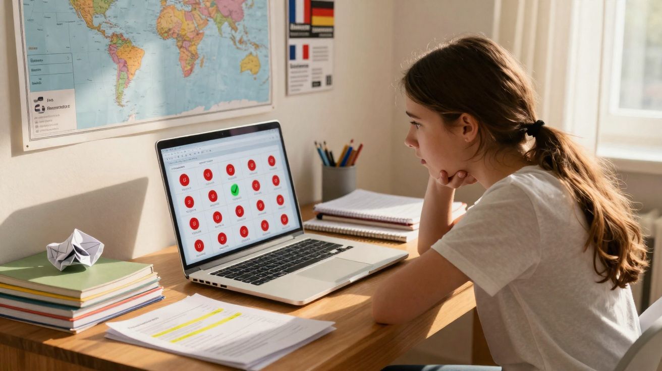 Rapaz a estudar em secretária com computador portátil, junto a livros e mapa-múndi na parede.