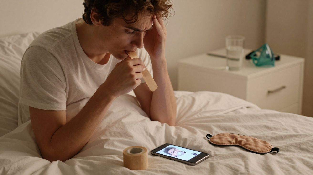 Homem sentado na cama a usar um espátula e a fazer videochamada com médico no telemóvel.