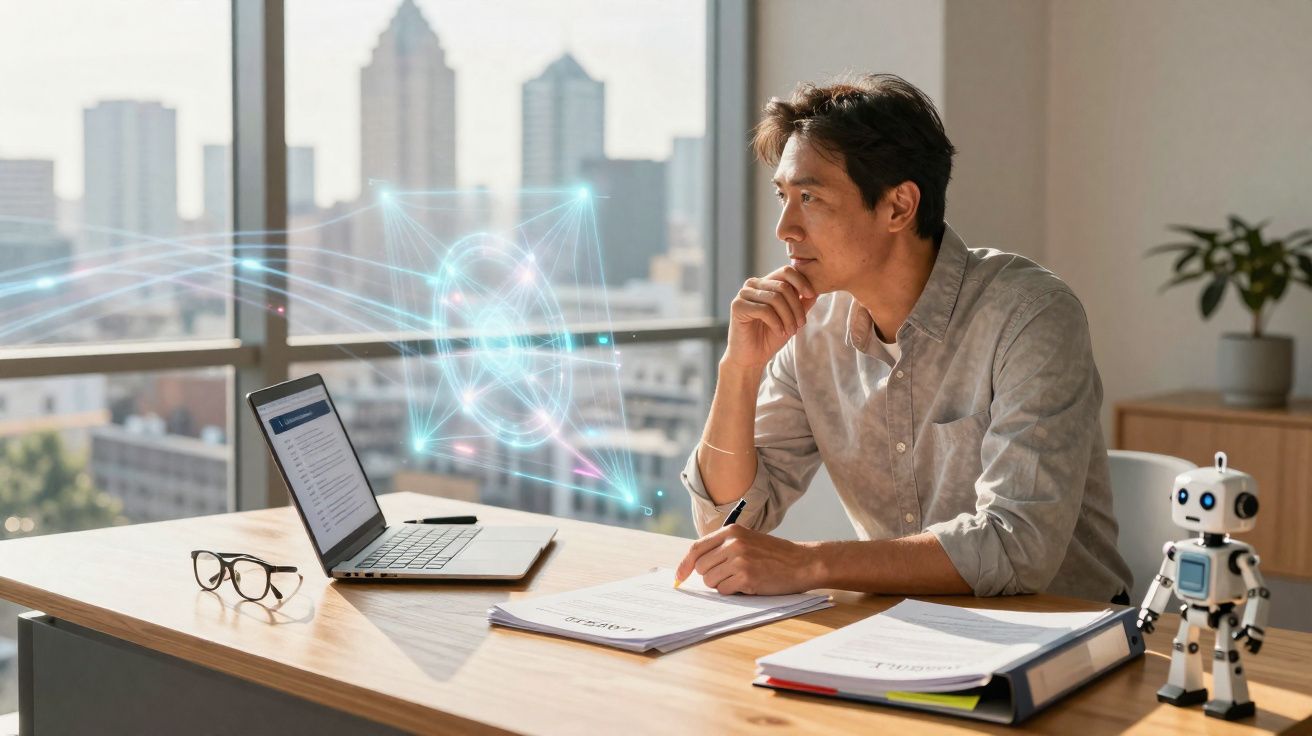 Homem sentado a trabalhar num escritório moderno com holograma digital a sair do portátil.
